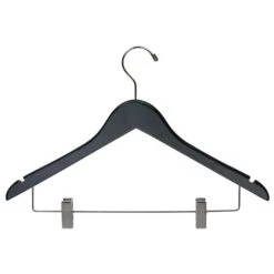 Rubber Coated Flat Notched Wooden Combo Suit Hanger W/ Clips 17" - Matte Black
